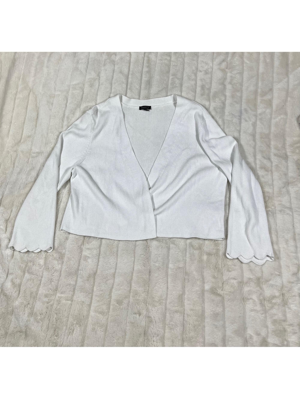 Talbots M White Scallop Hem Open Knit Office Work Preppy Spring Crop Cardigan